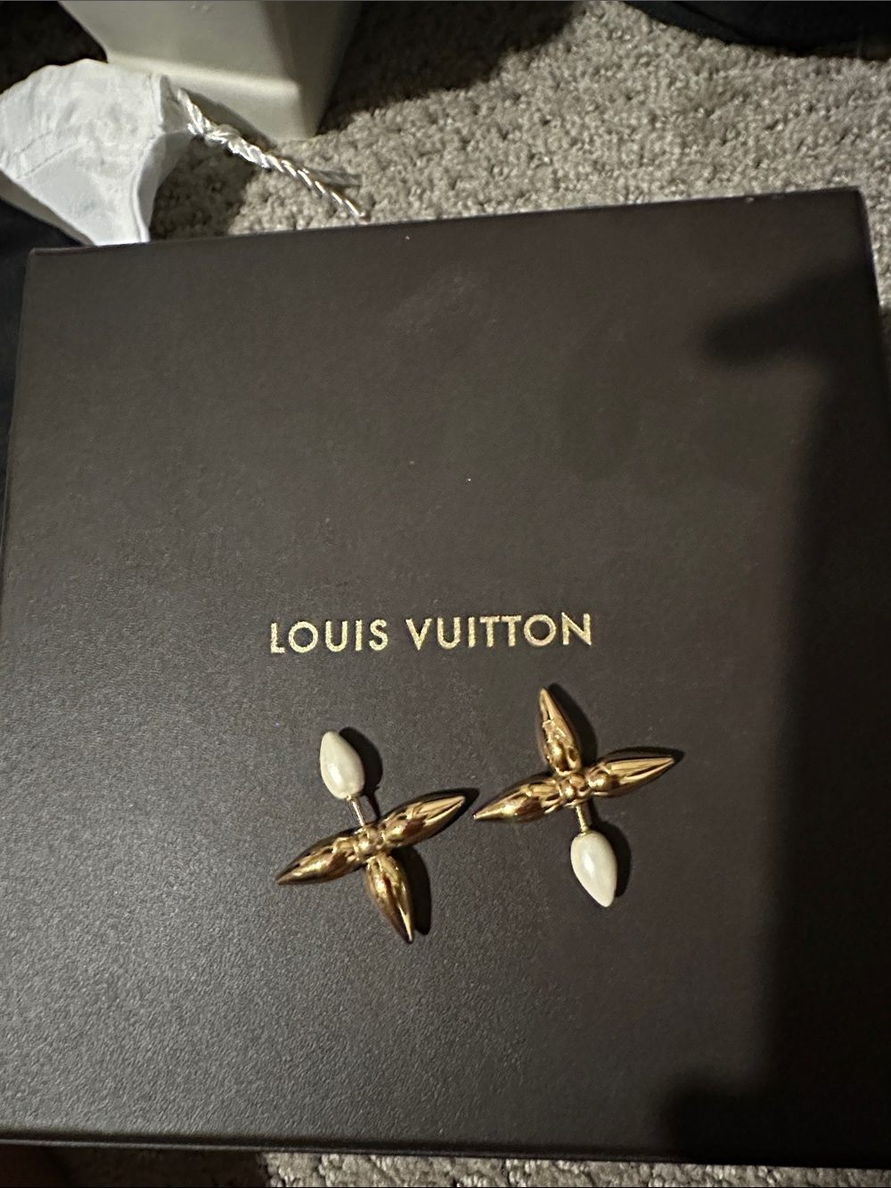 Louis Vuitton Gold and White Flower Drop Earrings